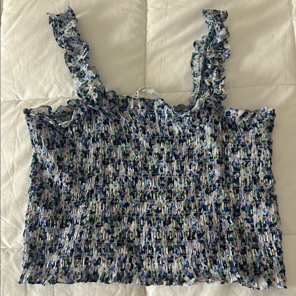 Veronica Beard White and Blue Smocked Ruffle Tank Top